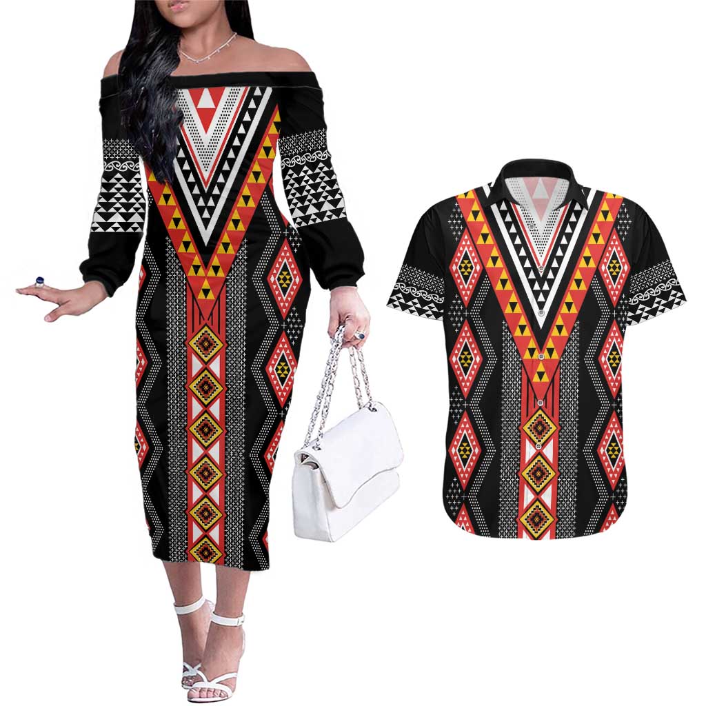 Niho Taniwha Taniko Motif Couples Matching Off The Shoulder Long Sleeve Dress and Hawaiian Shirt LT9 Red - Polynesian Pride