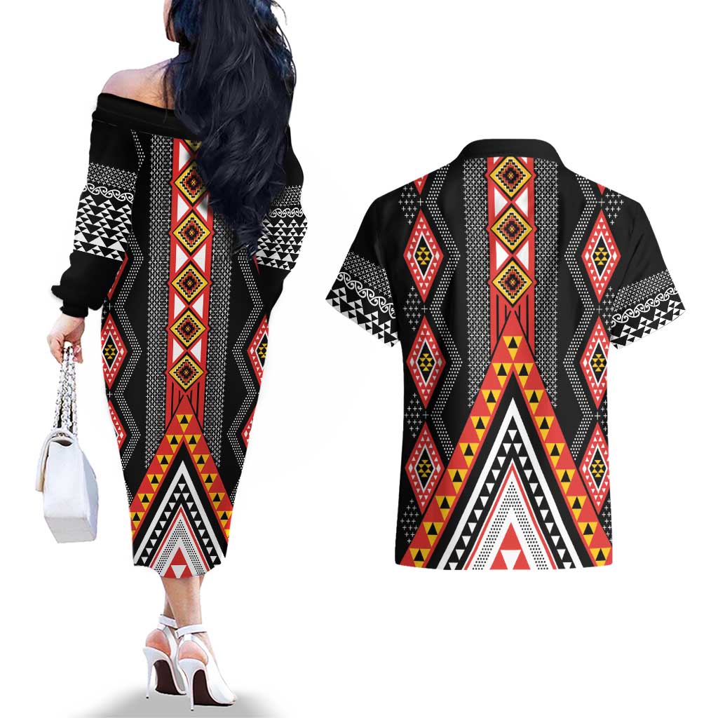 Niho Taniwha Taniko Motif Couples Matching Off The Shoulder Long Sleeve Dress and Hawaiian Shirt