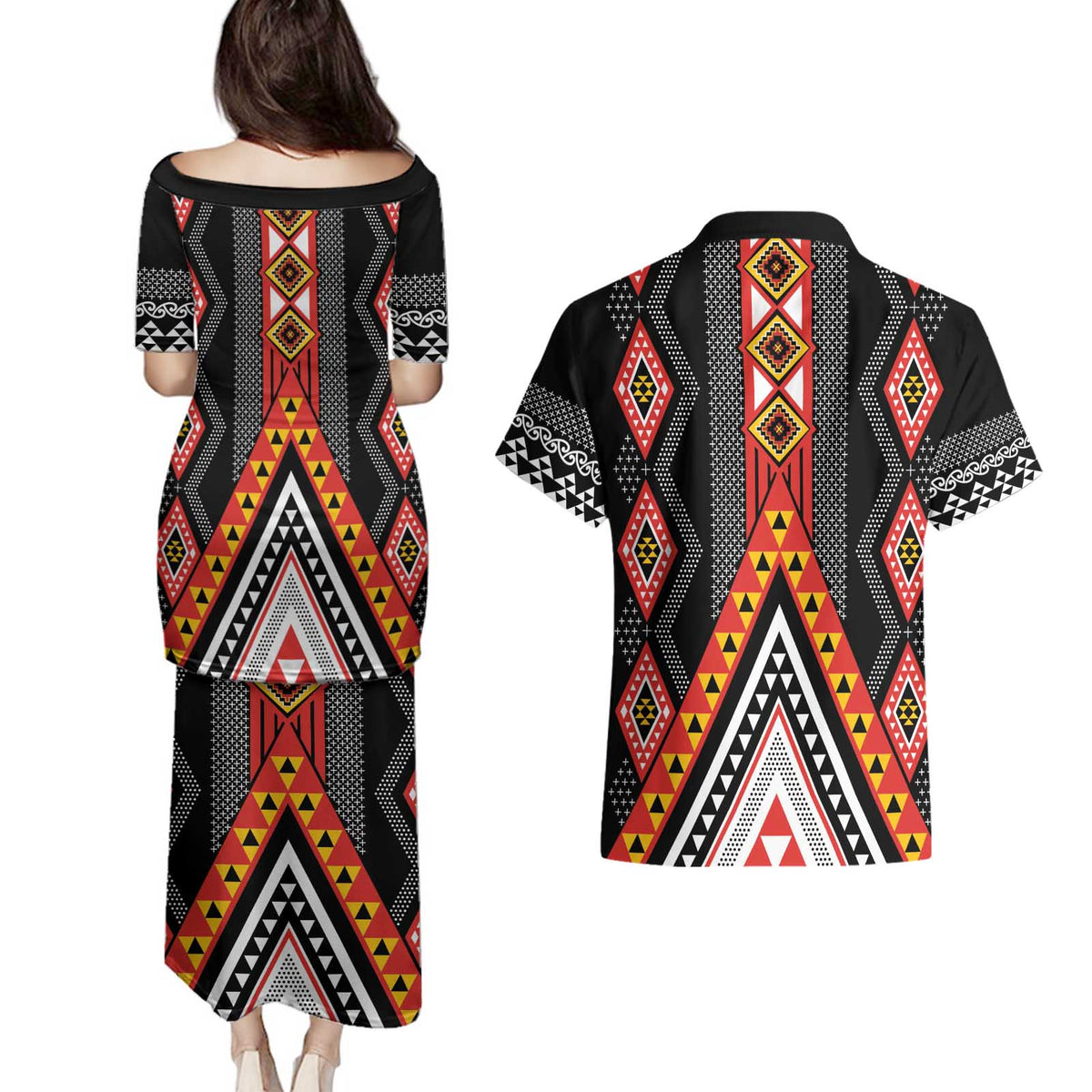 Niho Taniwha Taniko Motif Couples Matching Puletasi and Hawaiian Shirt LT9 - Polynesian Pride