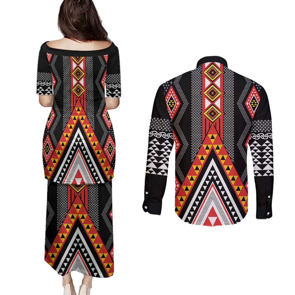 Niho Taniwha Taniko Motif Couples Matching Puletasi and Long Sleeve Button Shirt LT9 - Polynesian Pride