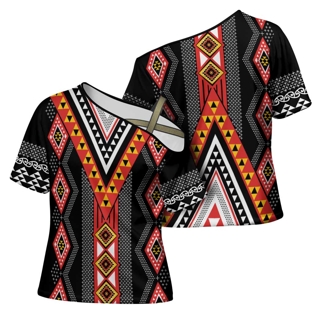 Niho Taniwha Taniko Motif Cross Shoulder Shirt LT9 - Polynesian Pride