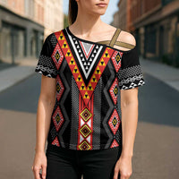 Niho Taniwha Taniko Motif Cross Shoulder Shirt LT9 - Polynesian Pride