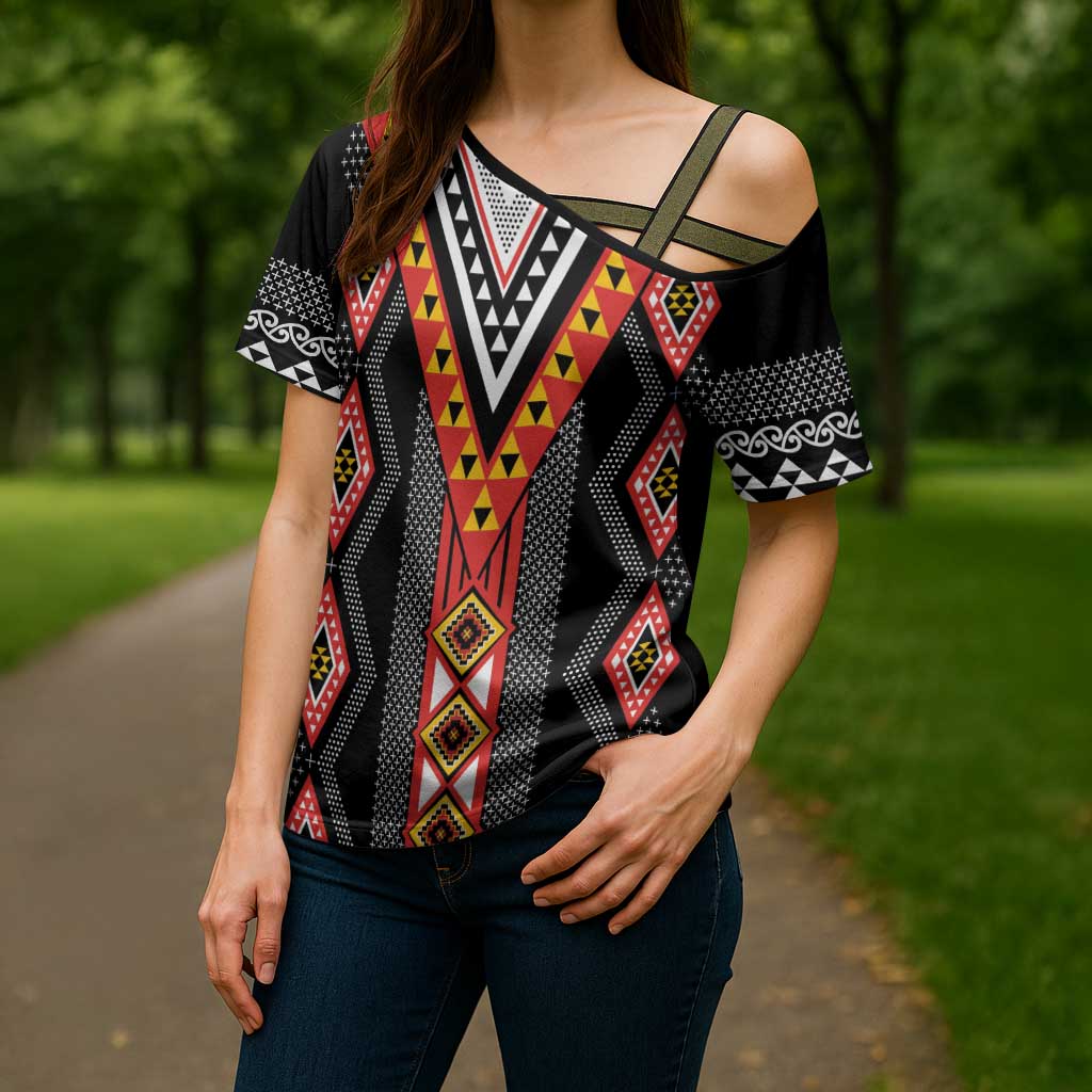Niho Taniwha Taniko Motif Cross Shoulder Shirt LT9 - Polynesian Pride