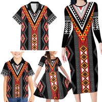 Niho Taniwha Taniko Motif Family Matching Long Sleeve Bodycon Dress and Hawaiian Shirt