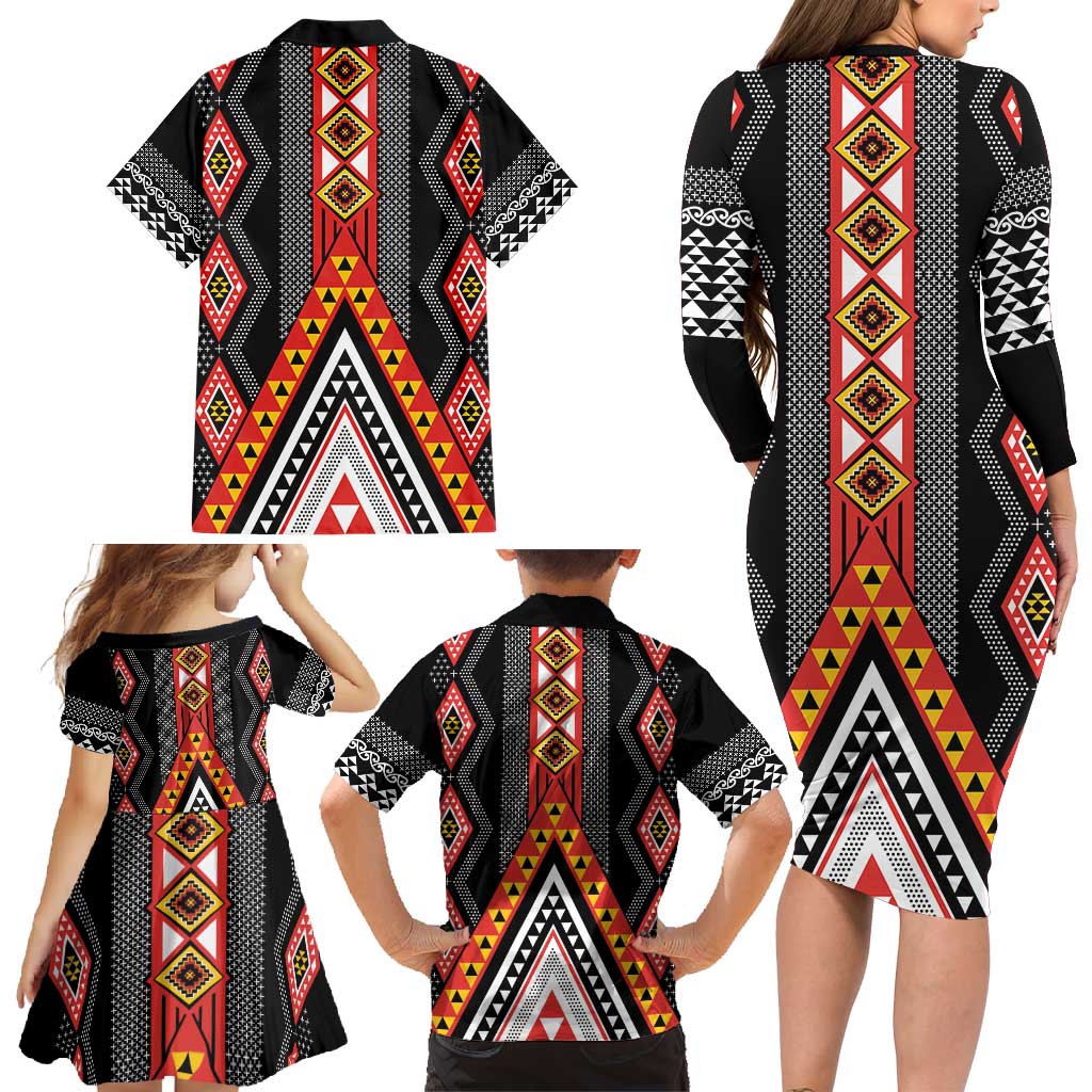 Niho Taniwha Taniko Motif Family Matching Long Sleeve Bodycon Dress and Hawaiian Shirt