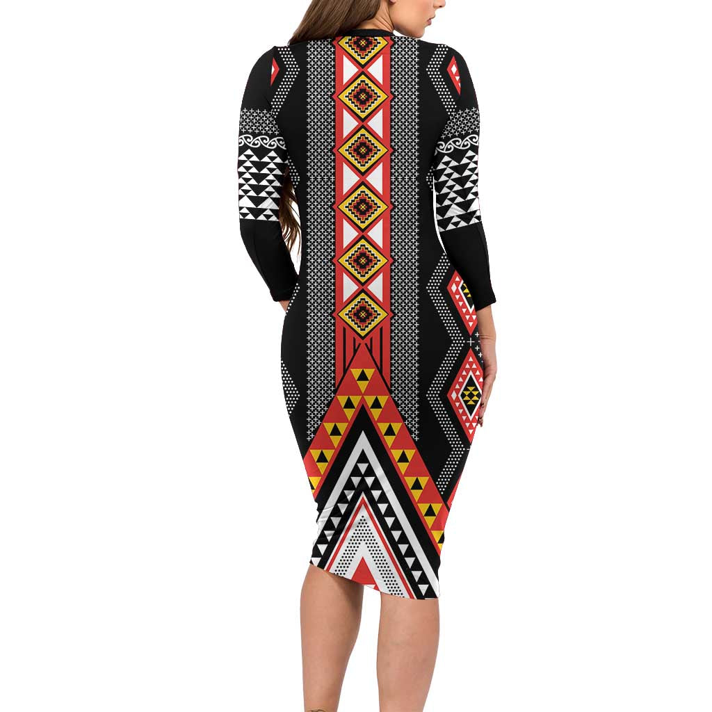 Niho Taniwha Taniko Motif Family Matching Long Sleeve Bodycon Dress and Hawaiian Shirt