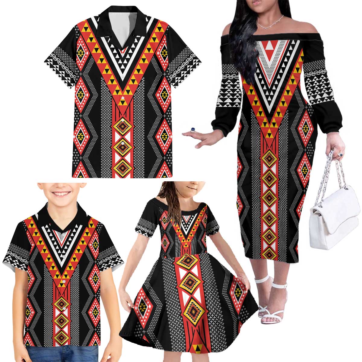 Niho Taniwha Taniko Motif Family Matching Off The Shoulder Long Sleeve Dress and Hawaiian Shirt