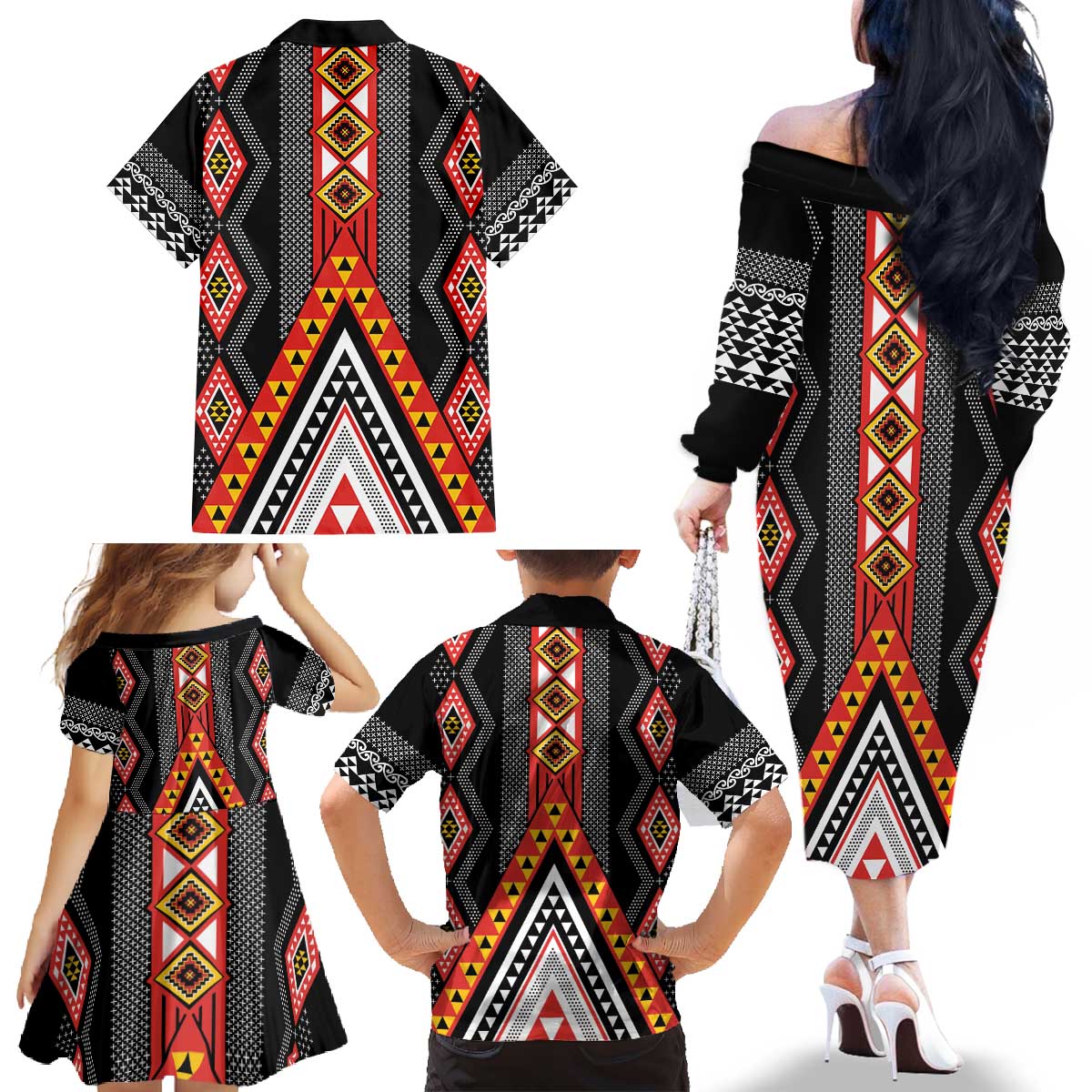 Niho Taniwha Taniko Motif Family Matching Off The Shoulder Long Sleeve Dress and Hawaiian Shirt