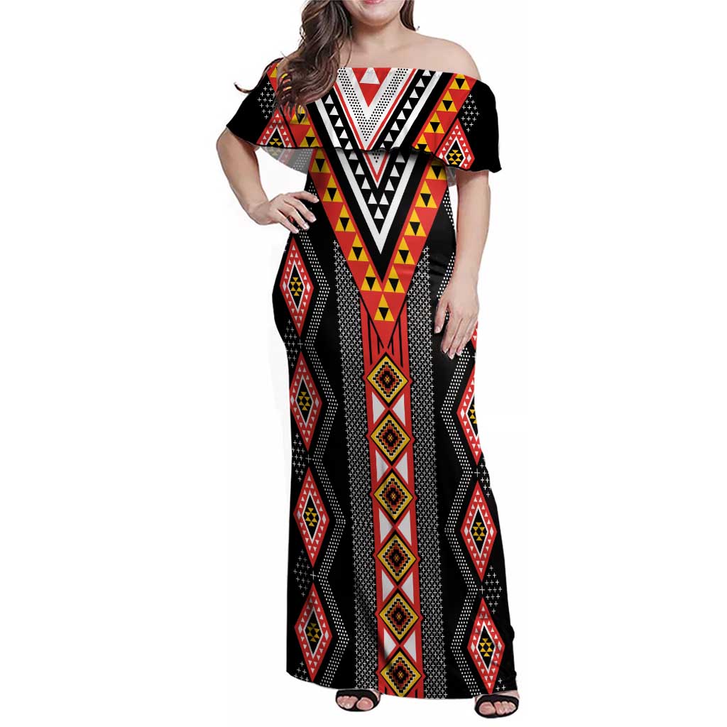 Niho Taniwha Taniko Motif Family Matching Off Shoulder Maxi Dress and Hawaiian Shirt