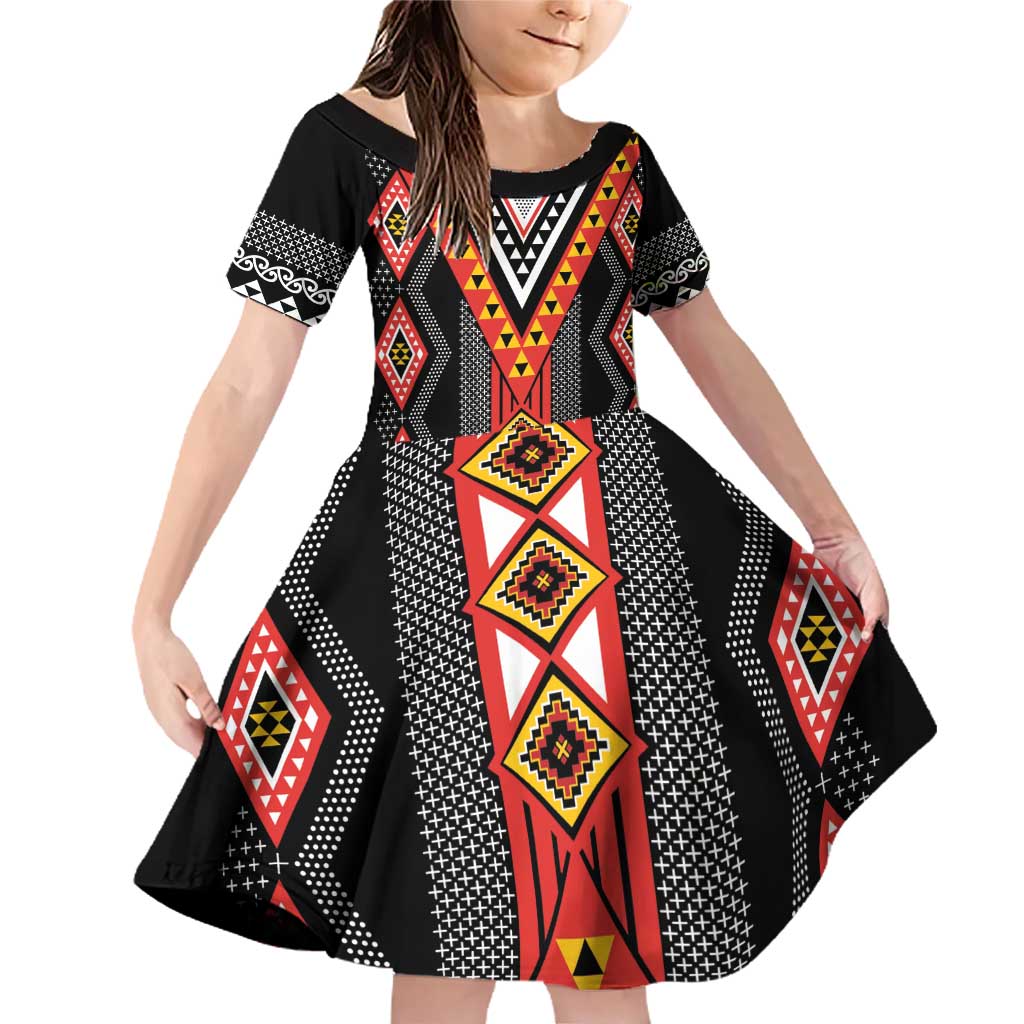 Niho Taniwha Taniko Motif Family Matching Off Shoulder Short Dress and Hawaiian Shirt