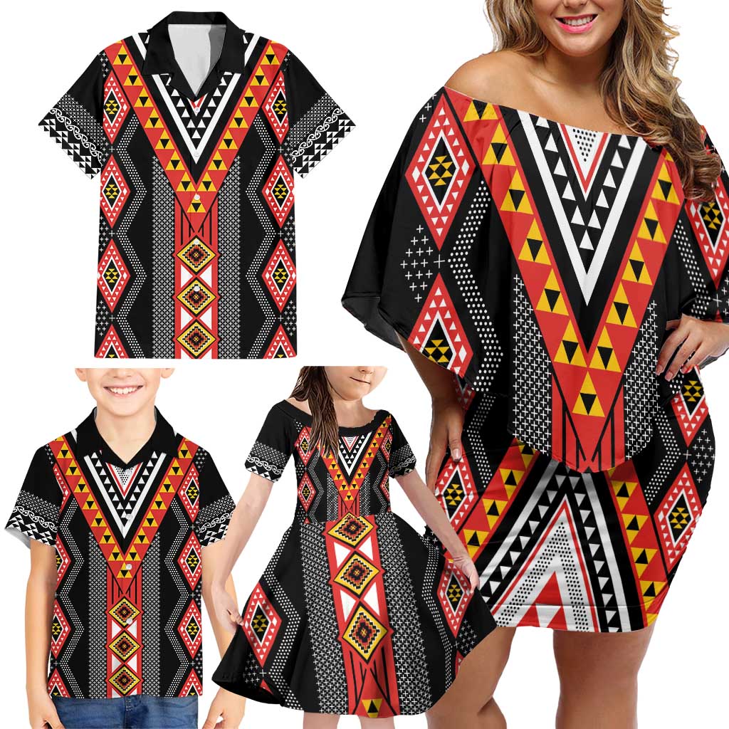 Niho Taniwha Taniko Motif Family Matching Off Shoulder Short Dress and Hawaiian Shirt