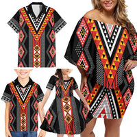 Niho Taniwha Taniko Motif Family Matching Off Shoulder Short Dress and Hawaiian Shirt