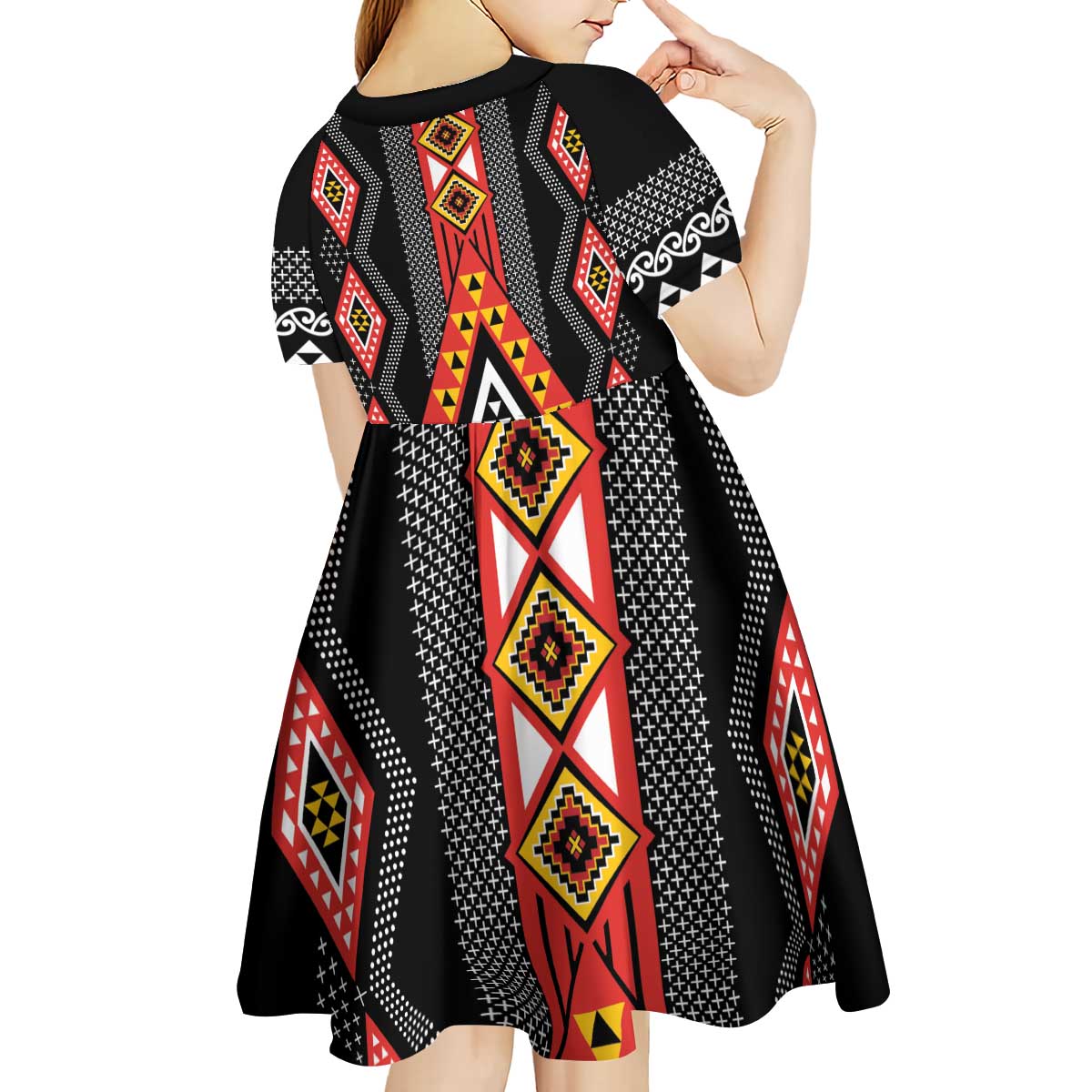 Niho Taniwha Taniko Motif Kid Short Sleeve Dress LT9 - Polynesian Pride