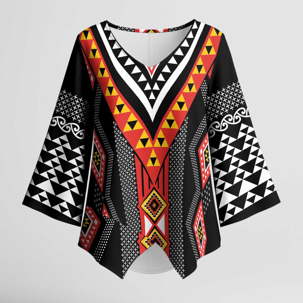 Niho Taniwha Taniko Motif Kimono Sleeve Blouse LT9 Female Red - Polynesian Pride