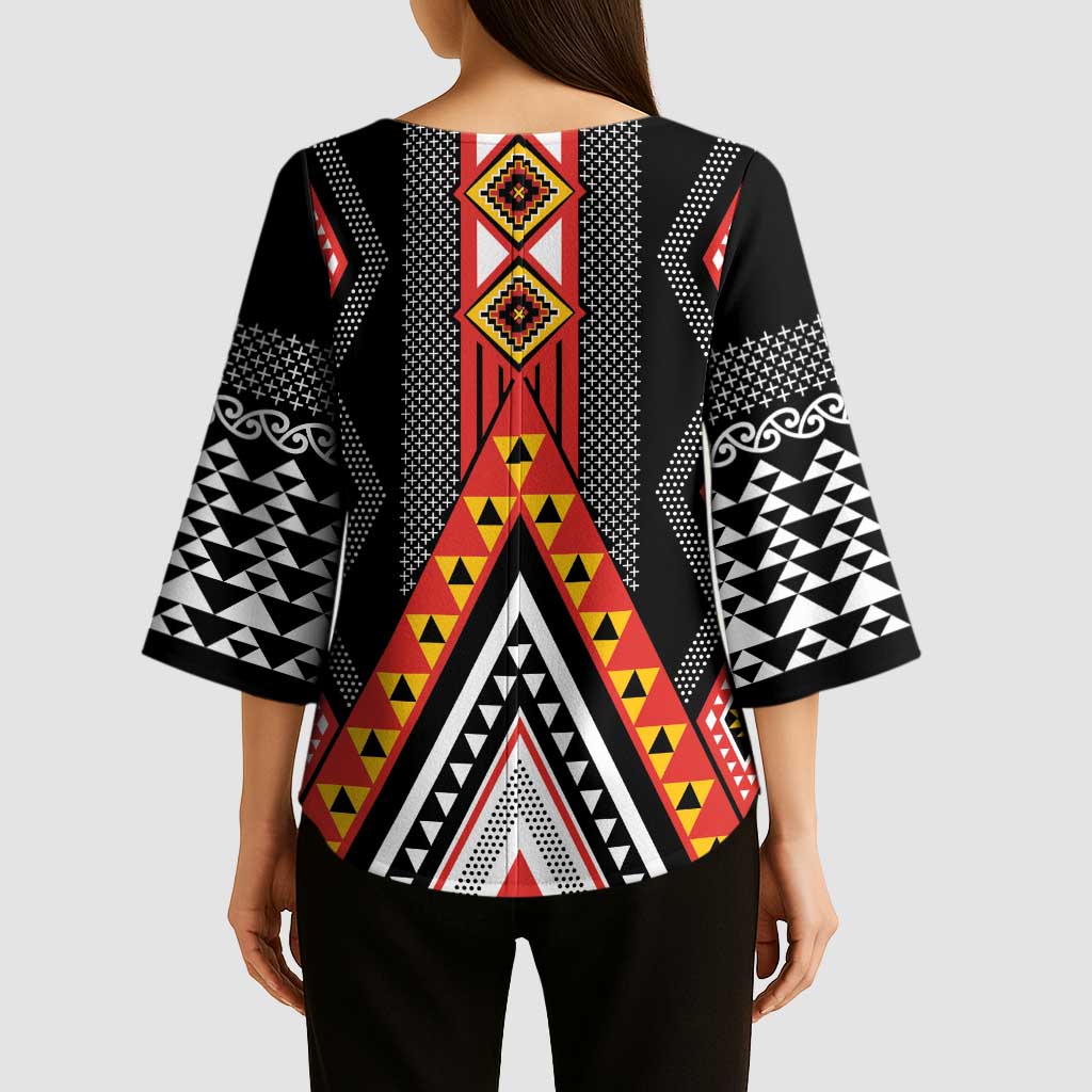 Niho Taniwha Taniko Motif Kimono Sleeve Blouse LT9 - Polynesian Pride