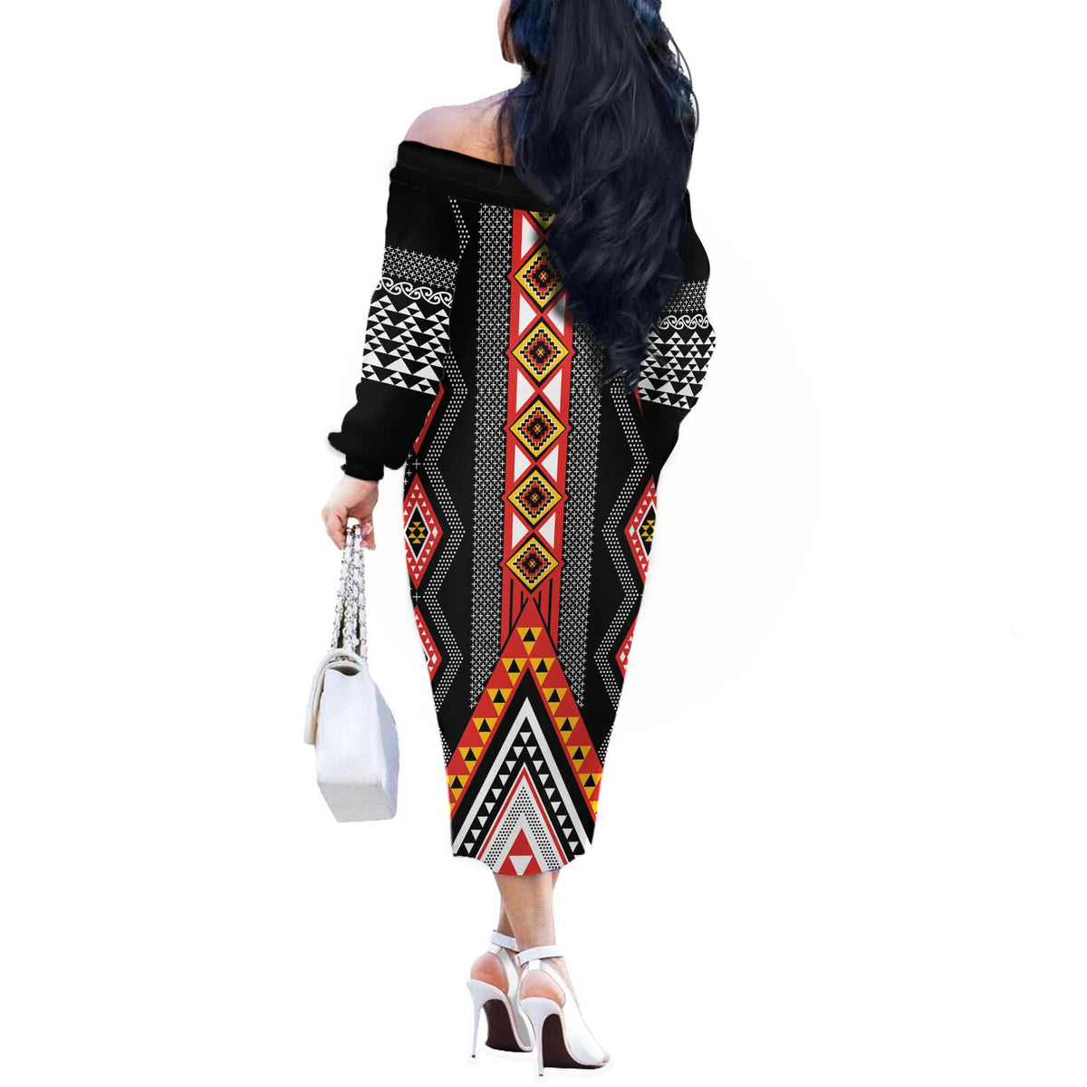 Niho Taniwha Taniko Motif Off The Shoulder Long Sleeve Dress