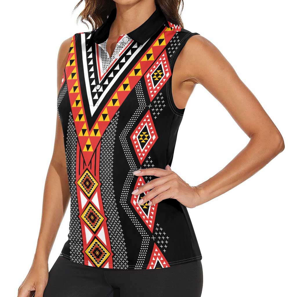 Niho Taniwha Taniko Motif Women Sleeveless Polo Shirt LT9 - Polynesian Pride