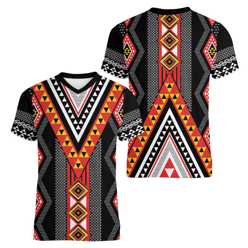Niho Taniwha Taniko Motif Women V-Neck T-Shirt LT9 - Polynesian Pride