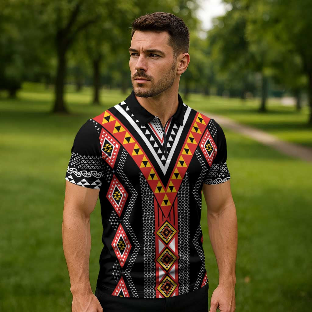 Niho Taniwha Taniko Motif Zipper Polo Shirt LT9 - Polynesian Pride