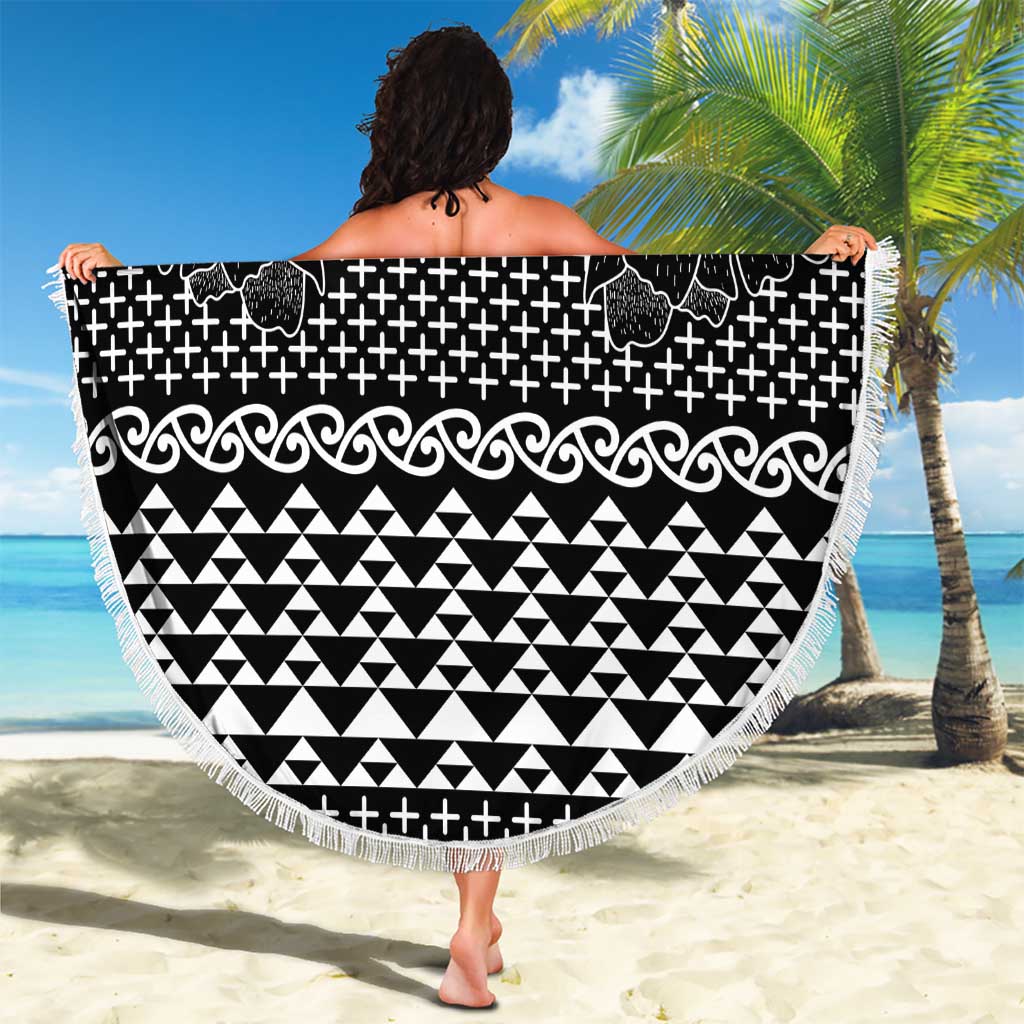 Black Taniko Kowhaiwhai Tukutuku Motif Beach Blanket LT9 - Polynesian Pride