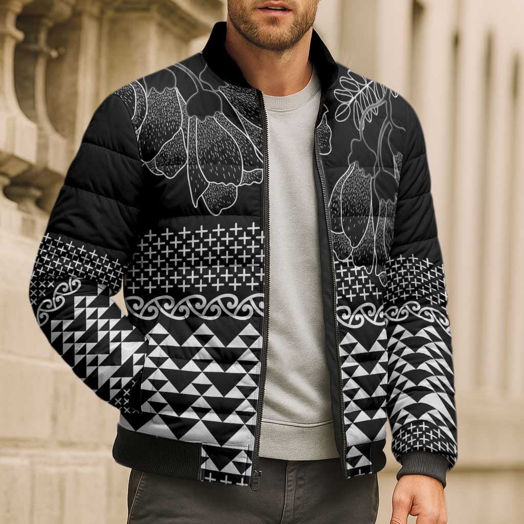 Black Taniko Kowhaiwhai Tukutuku Motif Bomber Puffer Jacket - Polynesian Pride