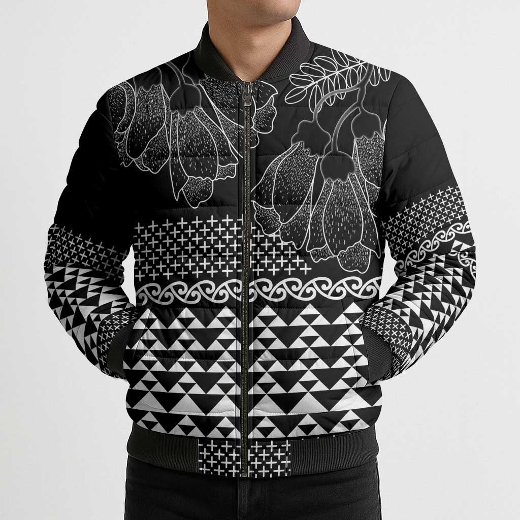 Black Taniko Kowhaiwhai Tukutuku Motif Bomber Puffer Jacket - Polynesian Pride