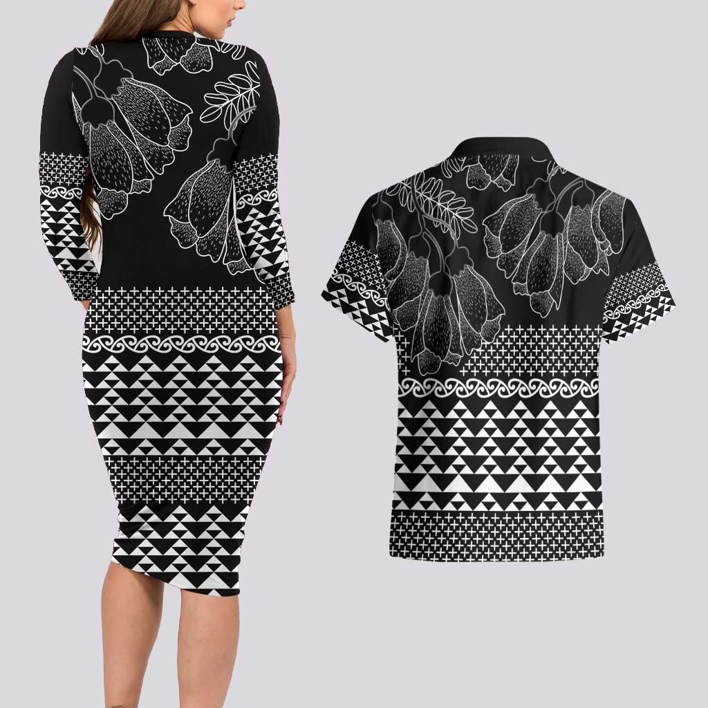 Black Taniko Kowhaiwhai Tukutuku Motif Couples Matching Long Sleeve Bodycon Dress and Hawaiian Shirt