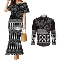 Black Taniko Kowhaiwhai Tukutuku Motif Couples Matching Mermaid Dress and Long Sleeve Button Shirt