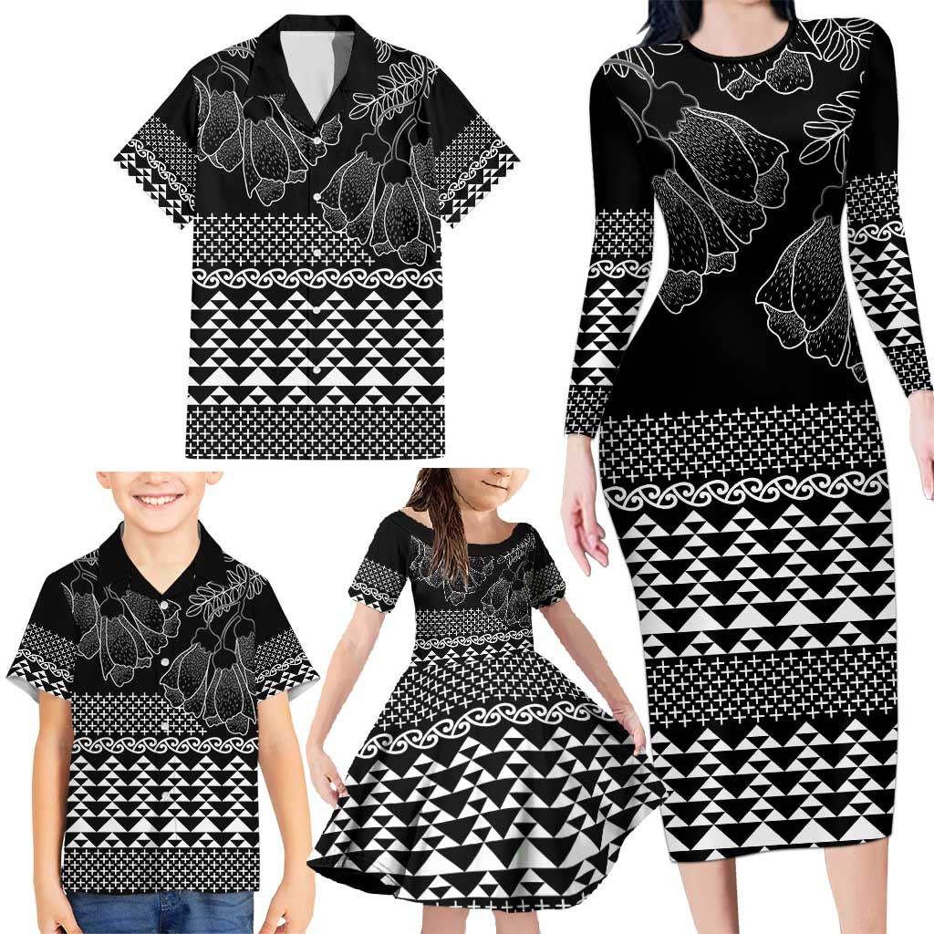 Black Taniko Kowhaiwhai Tukutuku Motif Family Matching Long Sleeve Bodycon Dress and Hawaiian Shirt
