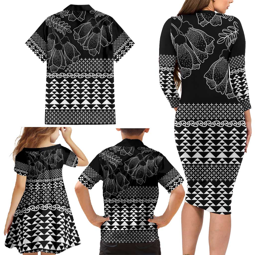 Black Taniko Kowhaiwhai Tukutuku Motif Family Matching Long Sleeve Bodycon Dress and Hawaiian Shirt