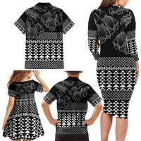 Black Taniko Kowhaiwhai Tukutuku Motif Family Matching Long Sleeve Bodycon Dress and Hawaiian Shirt