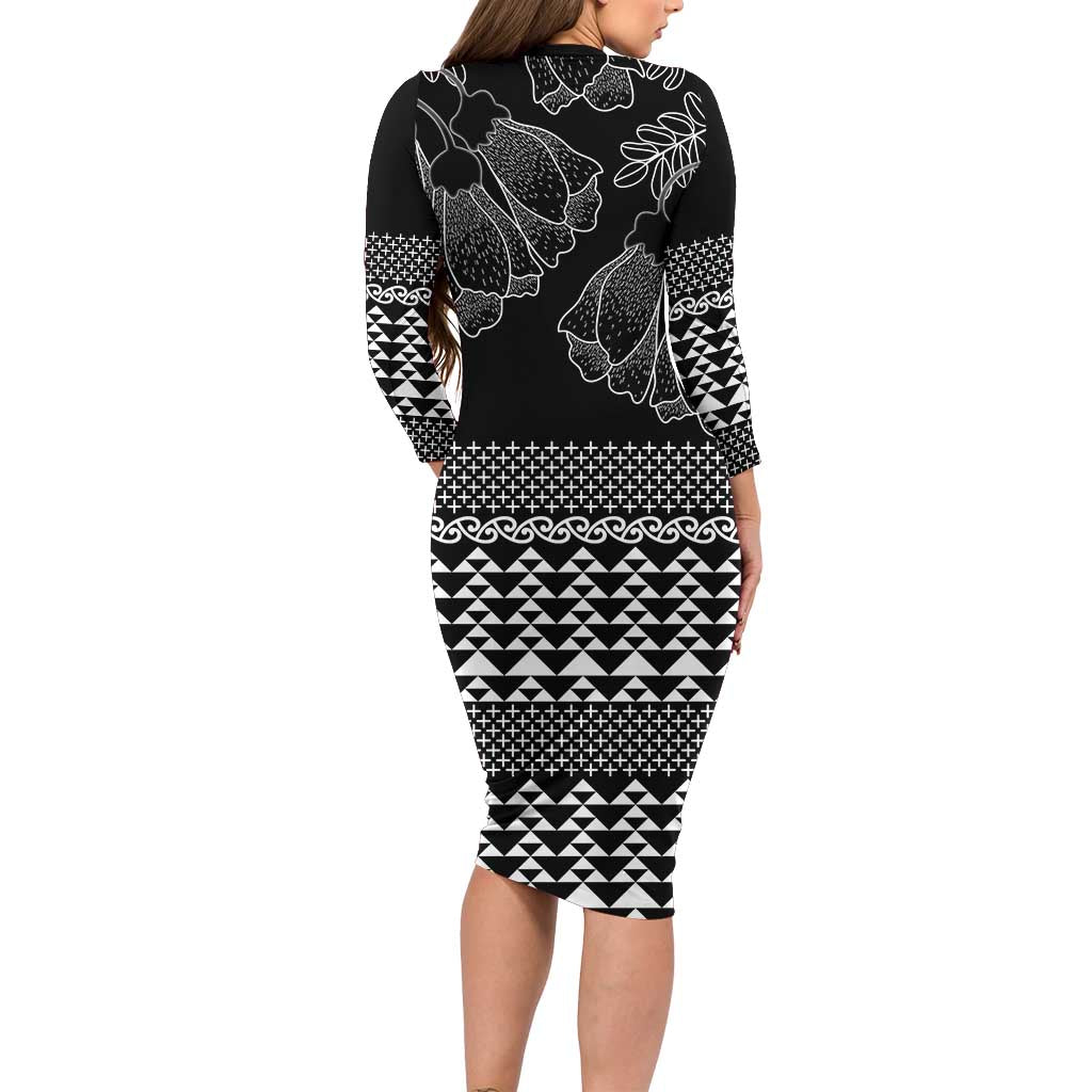 Black Taniko Kowhaiwhai Tukutuku Motif Family Matching Long Sleeve Bodycon Dress and Hawaiian Shirt