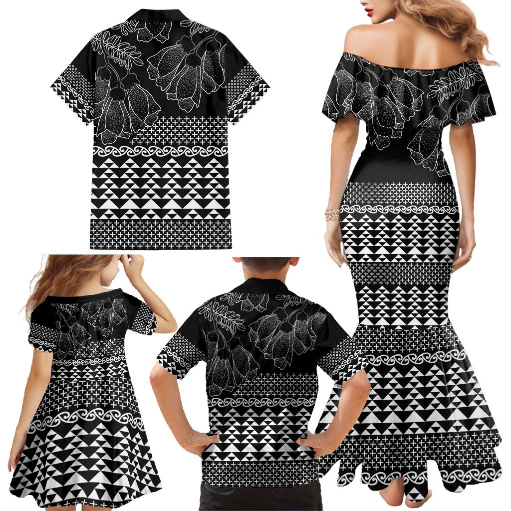 Black Taniko Kowhaiwhai Tukutuku Motif Family Matching Mermaid Dress and Hawaiian Shirt