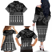 Black Taniko Kowhaiwhai Tukutuku Motif Family Matching Off The Shoulder Long Sleeve Dress and Hawaiian Shirt