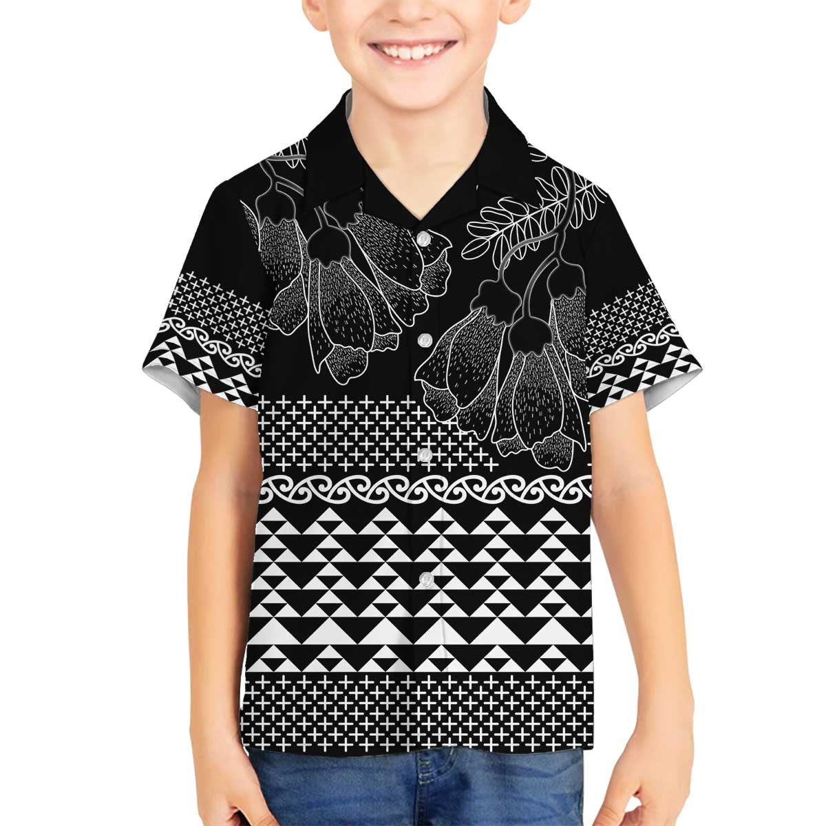 Black Taniko Kowhaiwhai Tukutuku Motif Family Matching Off The Shoulder Long Sleeve Dress and Hawaiian Shirt