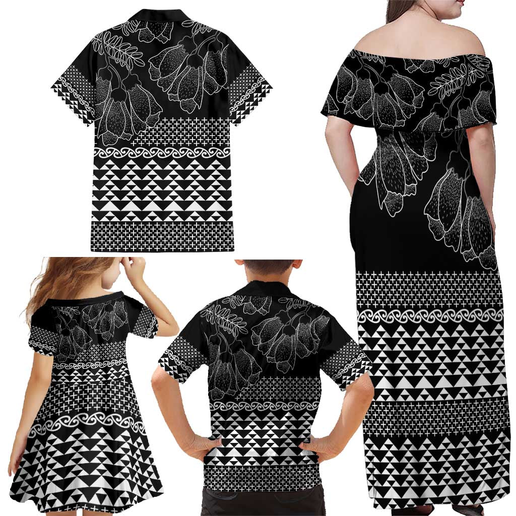 Black Taniko Kowhaiwhai Tukutuku Motif Family Matching Off Shoulder Maxi Dress and Hawaiian Shirt