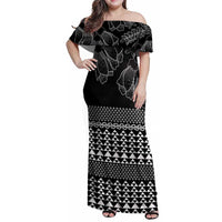 Black Taniko Kowhaiwhai Tukutuku Motif Family Matching Off Shoulder Maxi Dress and Hawaiian Shirt