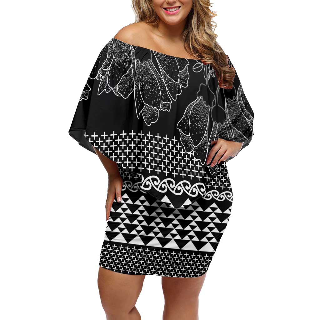 Black Taniko Kowhaiwhai Tukutuku Motif Family Matching Off Shoulder Short Dress and Hawaiian Shirt