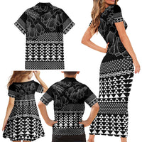 Black Taniko Kowhaiwhai Tukutuku Motif Family Matching Short Sleeve Bodycon Dress and Hawaiian Shirt