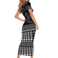 Black Taniko Kowhaiwhai Tukutuku Motif Family Matching Short Sleeve Bodycon Dress and Hawaiian Shirt