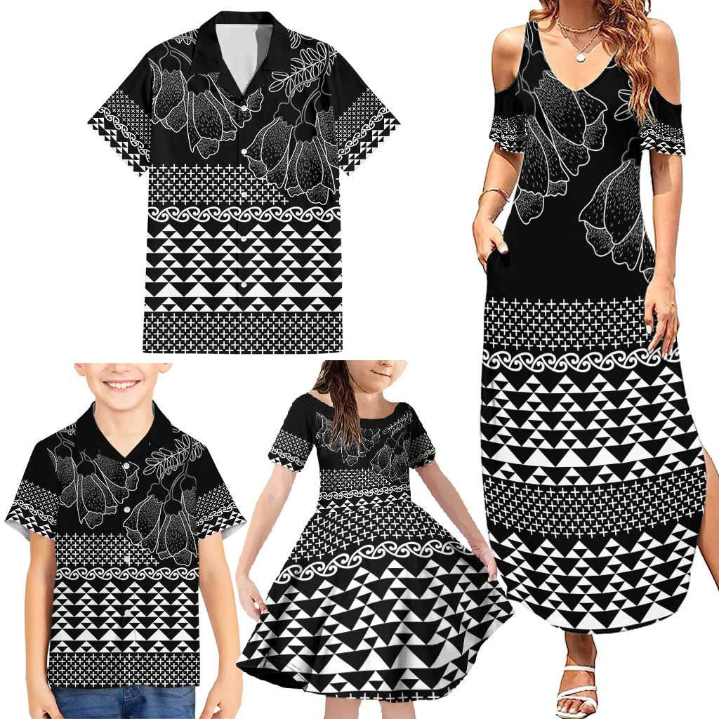 Black Taniko Kowhaiwhai Tukutuku Motif Family Matching Summer Maxi Dress and Hawaiian Shirt