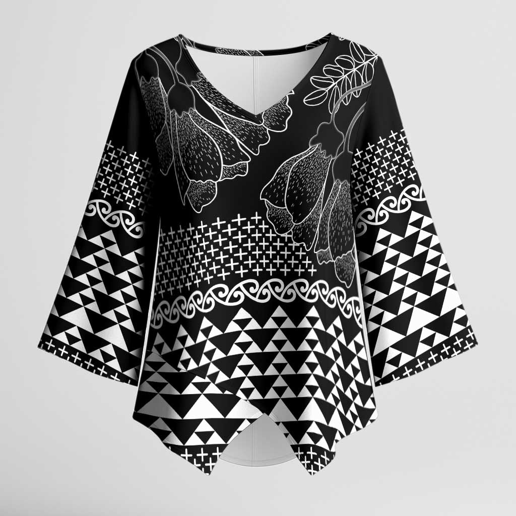 Black Taniko Kowhaiwhai Tukutuku Motif Kimono Sleeve Blouse LT9 Female Black - Polynesian Pride