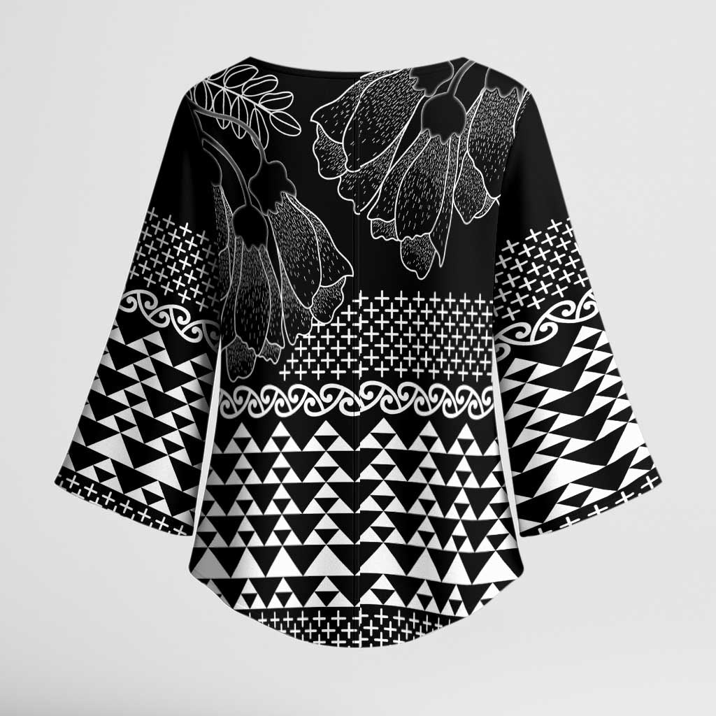 Black Taniko Kowhaiwhai Tukutuku Motif Kimono Sleeve Blouse LT9 - Polynesian Pride