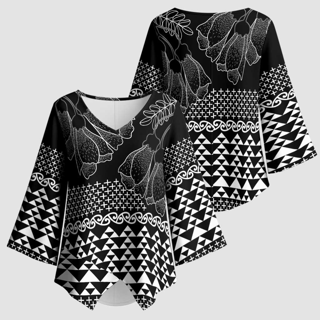 Black Taniko Kowhaiwhai Tukutuku Motif Kimono Sleeve Blouse LT9 - Polynesian Pride