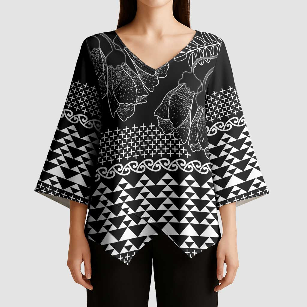 Black Taniko Kowhaiwhai Tukutuku Motif Kimono Sleeve Blouse LT9 - Polynesian Pride