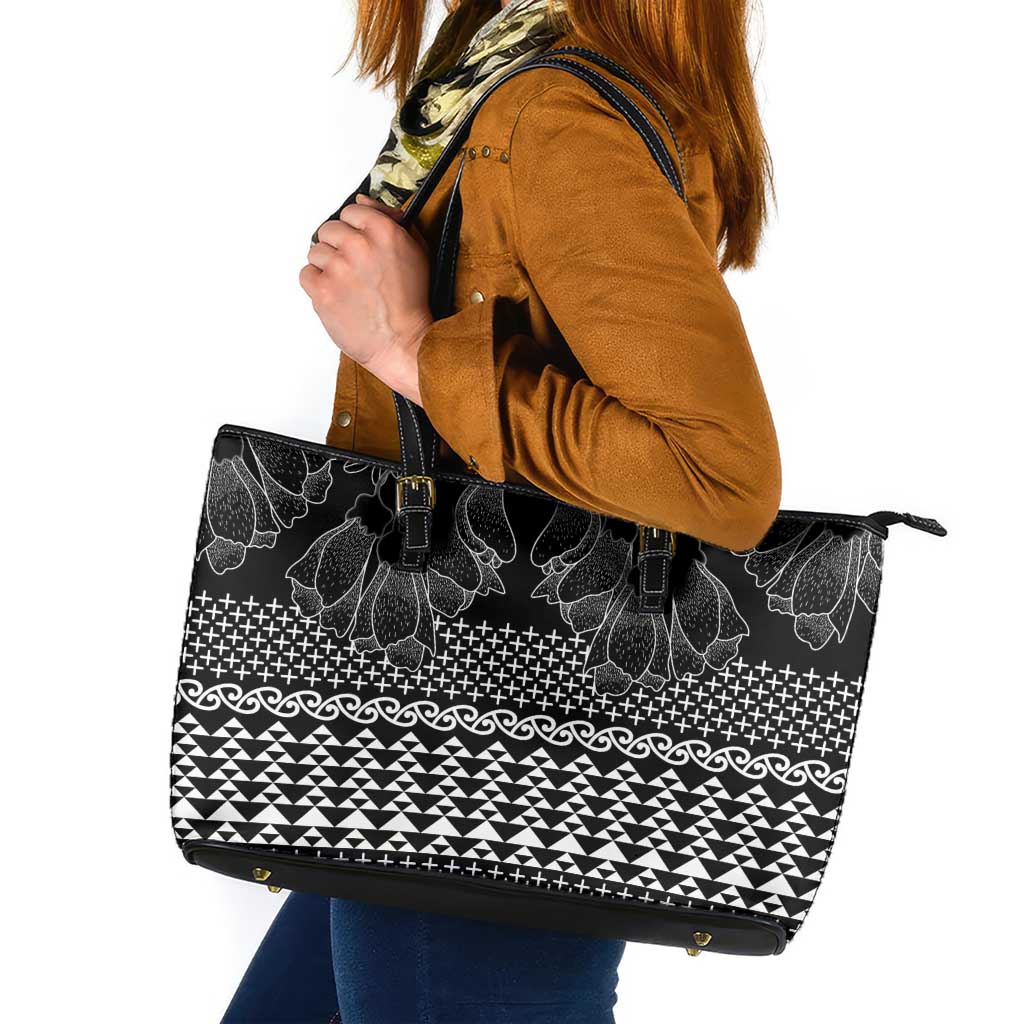 Black Taniko Kowhaiwhai Tukutuku Motif Leather Tote Bag