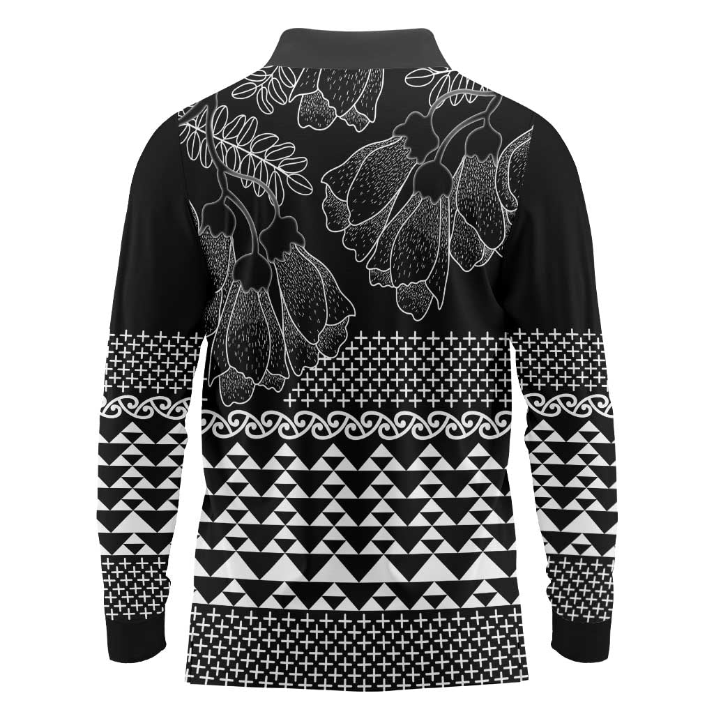 Black Taniko Kowhaiwhai Tukutuku Motif Long Sleeve Polo Shirt LT9 - Polynesian Pride