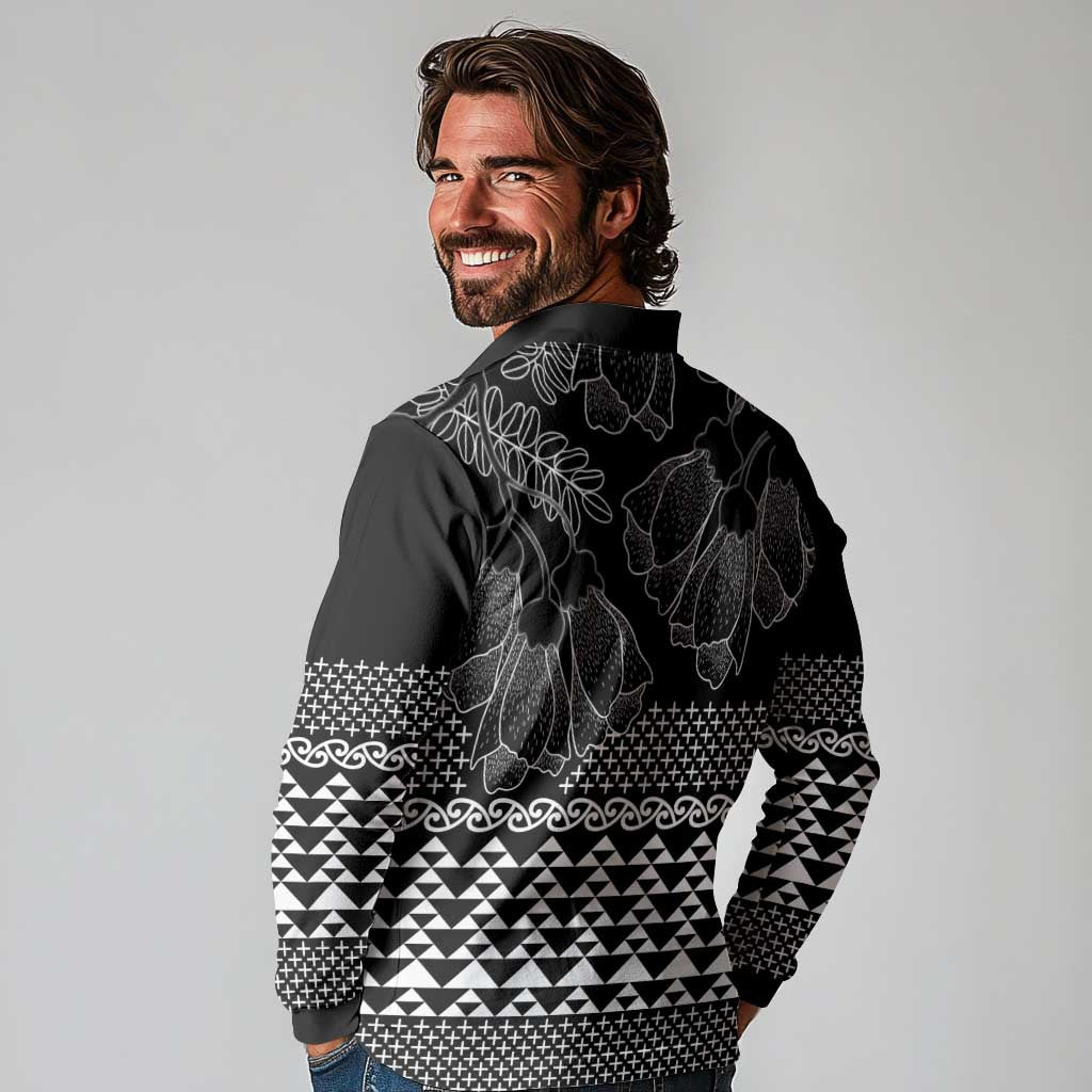 Black Taniko Kowhaiwhai Tukutuku Motif Long Sleeve Polo Shirt LT9 - Polynesian Pride