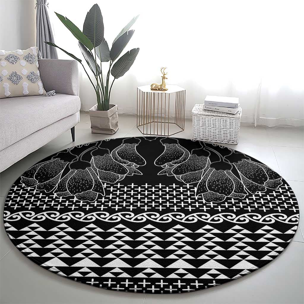 Black Taniko Kowhaiwhai Tukutuku Motif Round Carpet