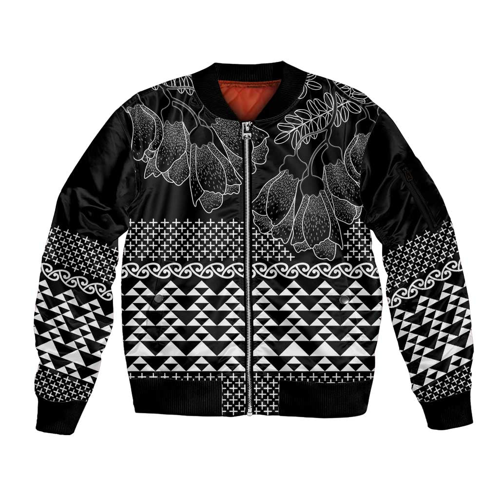 Black Taniko Kowhaiwhai Tukutuku Motif Sleeve Zip Bomber Jacket